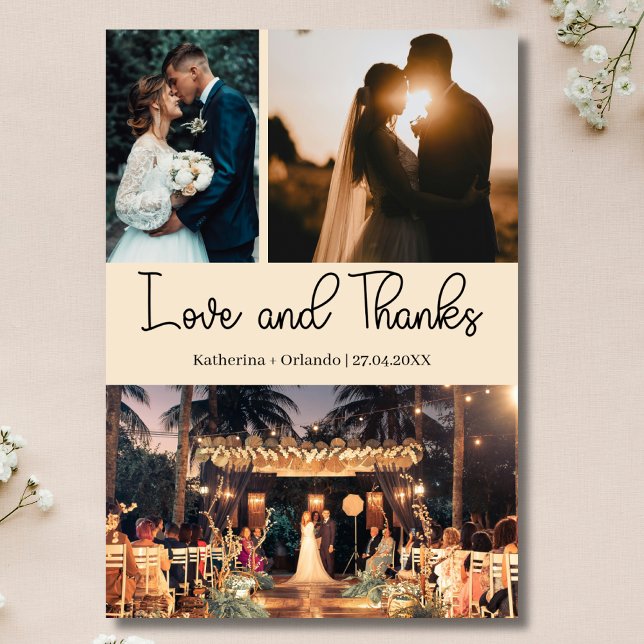 Tarjeta Champagne Love & Thanks Three Photo Wedding (Subido por el creador)