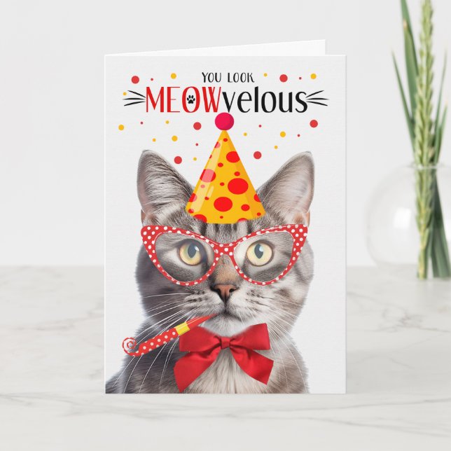Tarjeta Champagne Tabby Cat MEOWveloz cumpleaños (Anverso)