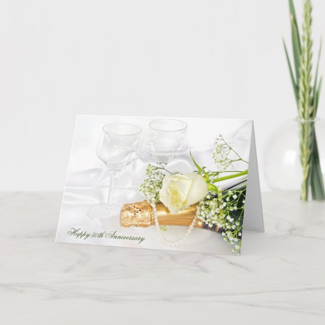 Tarjeta champán de aniversario y rosa (Anverso)