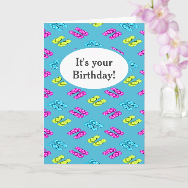 Tarjeta Chancletas de verano de cumpleaños sobre azul (Orquídea)