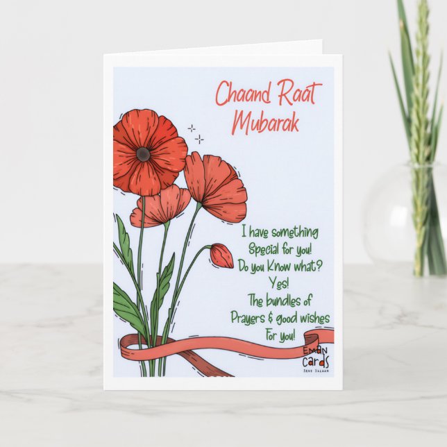 Tarjeta Chand Raat Mubarak - Flores Rojas (Anverso)