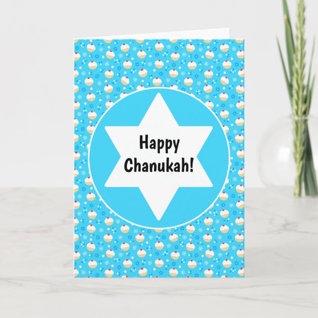 Tarjeta Chanukah Jelly Doughnut Estrellas judías copas de  (Anverso)