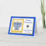 Tarjeta Chanukah quiere con la Menorah contemporánea<br><div class="desc">Feliz Chanukah buenos deseos para ti,  menorah contemporánea con velas azules,  tarjeta de saludo de papel. Ilustracion digital con menorah iluminada y Estrella de David. Arte,  imagen y verso copyright © Shoaff Ballanger Studios,  2024.</div>