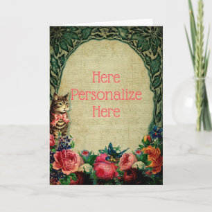 Tarjeta Chapa de gato victoriana floral vintage verde