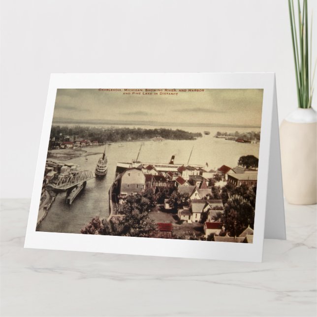 Tarjeta Charlevoix, Michigan, Showing River and Harbour (Anverso)