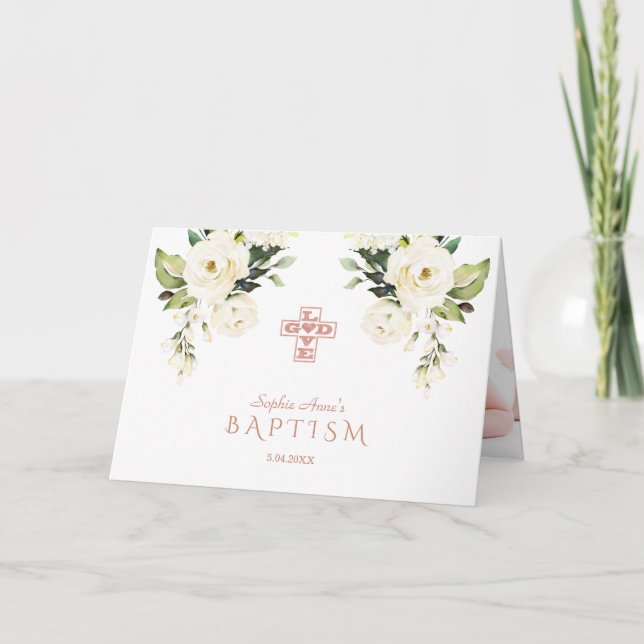 Tarjeta Charm White Flowers Subió Baptismo de la Cruz de O (Anverso)