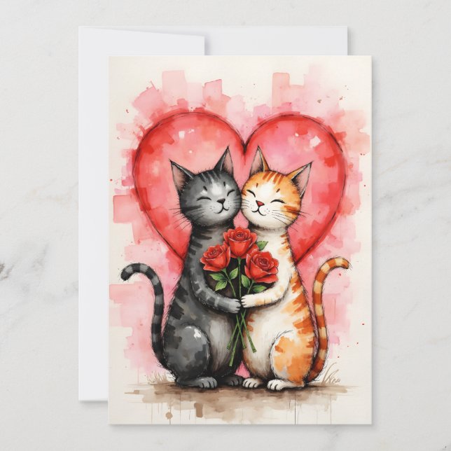 Tarjeta Charming Cats Valentine Hearts and Red Roses (Anverso)