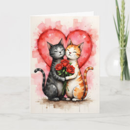 Tarjeta Charming Cats Valentine Hearts and Red Roses