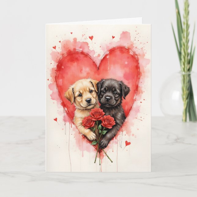 Tarjeta Charming Dogs Valentine Hearts and Red Roses (Anverso)