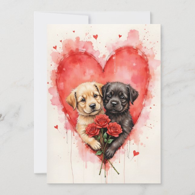 Tarjeta Charming Dogs Valentine Hearts and Red Roses (Anverso)