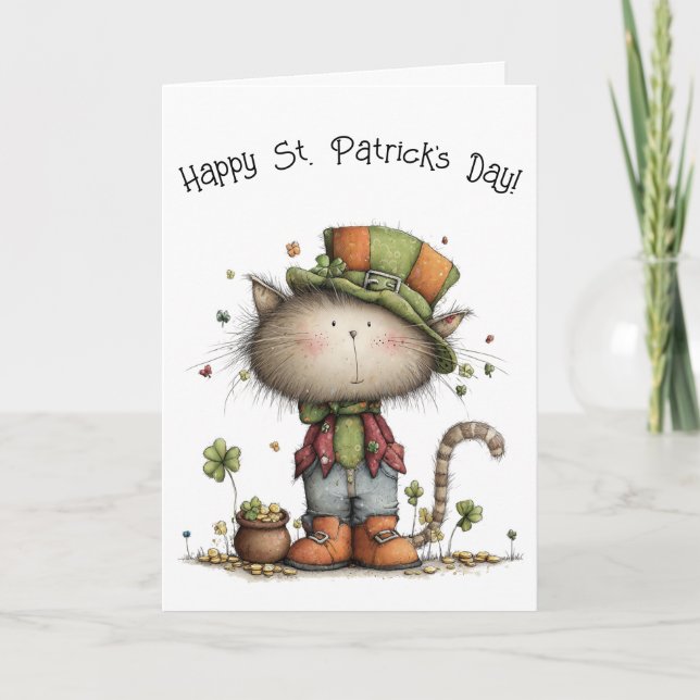 Tarjeta Charming St. Patrick’s Day Cat and Pot of Gold (Anverso)