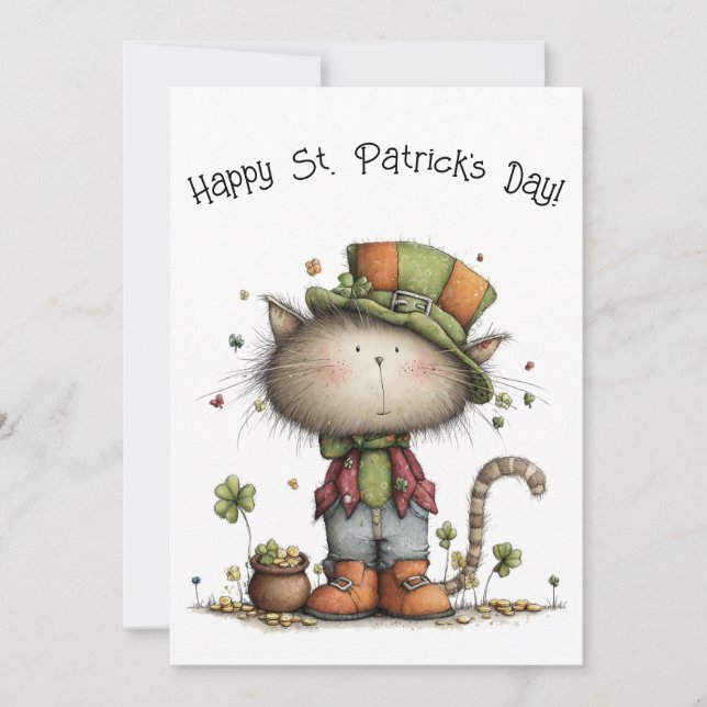 Tarjeta Charming St. Patrick’s Day Cat & Pot of Gold Flat (Anverso)