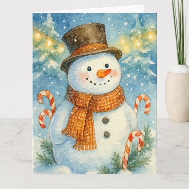 Tarjeta Cheerful Snowman in Pine Forest (Anverso)