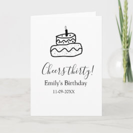 Tarjeta Cheers thirty birthday cake black scribble hand