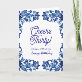 Tarjeta Cheers thirty birthday royal blue floral border na