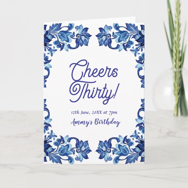 Tarjeta Cheers thirty birthday royal blue floral border na (Anverso)