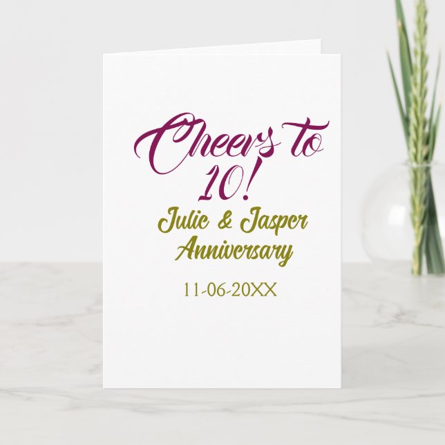 Tarjeta Cheers to 10th wedding anniversary mauve golden na (Anverso)