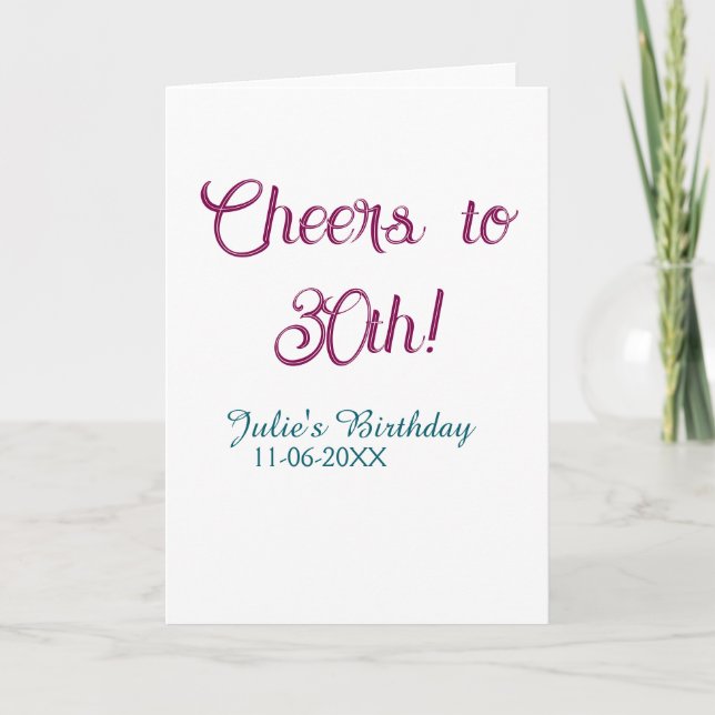 Tarjeta Cheers to 30th birthday name date mauve blue elega (Anverso)