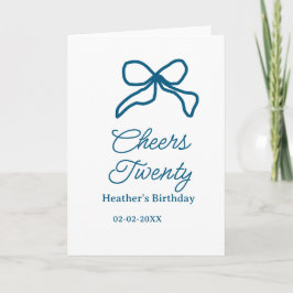 Tarjeta Cheers twenty blue birthday bow name date boho ret