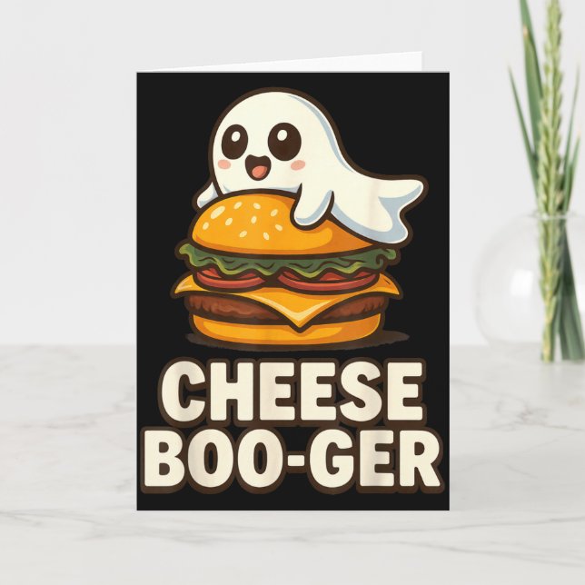 Tarjeta Cheese Boo-ger Cute Ghost Burger Funny Food Pun Ha (Anverso)