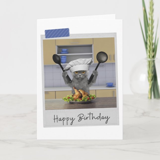 Tarjeta Chef Grey Cat Funny Birthday Card (Anverso)