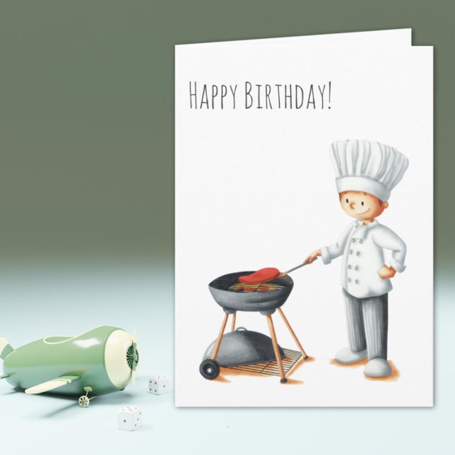 Tarjeta Chef Ilustrado Haciendo una Parrillada de Cumpleañ (Illustrated Chef Man Doing a Barbecue Birthday Card )