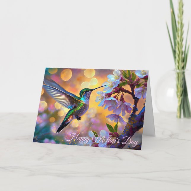 Tarjeta Cherry Blossom Fantasy Sunrise Hummingbird (Anverso)