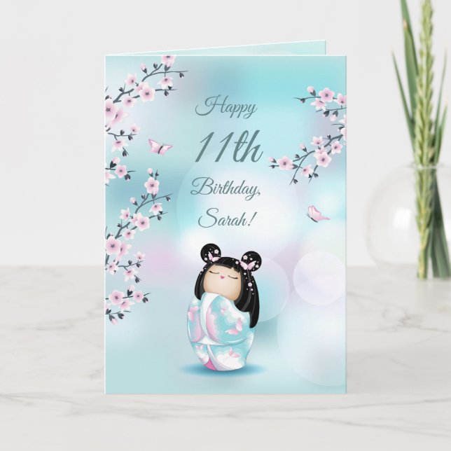 Tarjeta Cherry Blossom Kokeshi Doll | Chicas Cumpleaños Ro (Anverso)