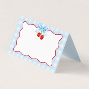 Tarjeta Cherry Sweet Blue Coquette Bow Gingham Place Card