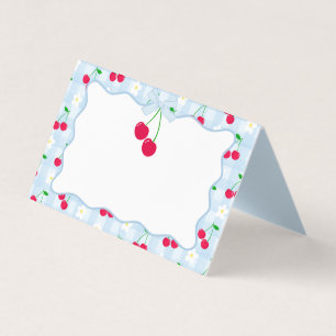 Tarjeta Cherry Sweet Blue Coquette Bow Gingham Place Card