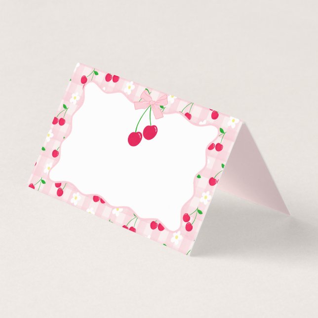 Tarjeta Cherry Sweet Pink Coquette Bow Gingham Place Card (Anverso)