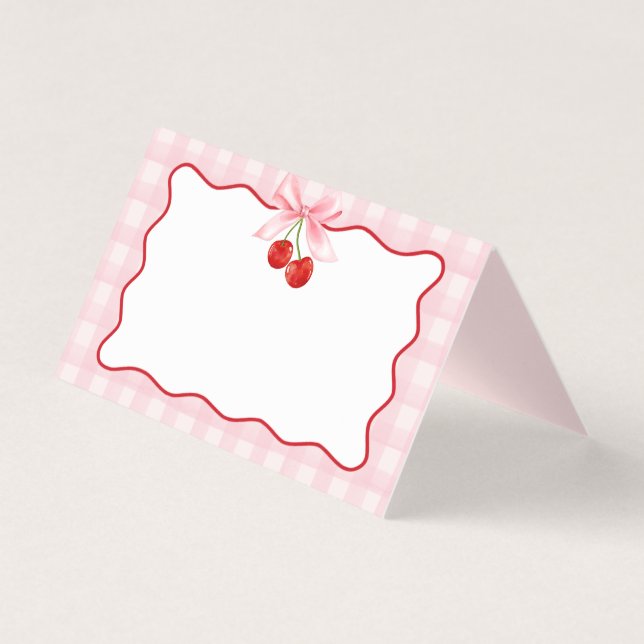 Tarjeta Cherry Sweet Pink Coquette Bow Gingham Place Card (Anverso)