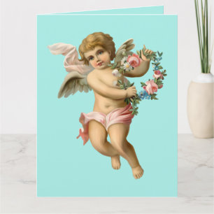 Tarjeta Cherub de bebé vintage con flores