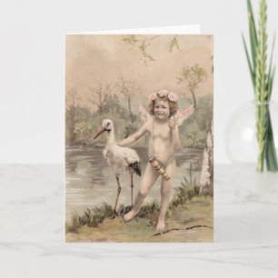 Tarjeta Cherub vintage con cigüeña por lago