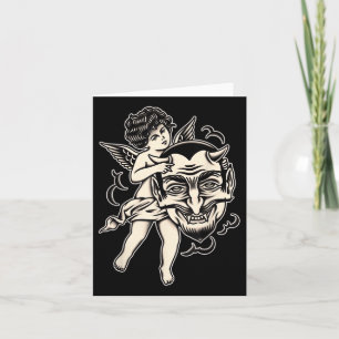 Tarjeta Cherub Y Satan Tradicional Tattoo Blackwork