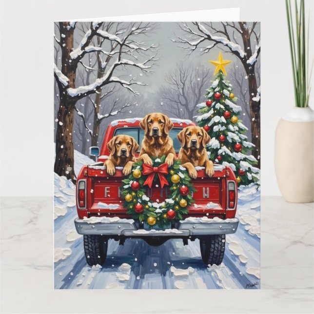 Tarjeta Chesapeake Bay Retriever Christmas Red Truck  (Anverso)