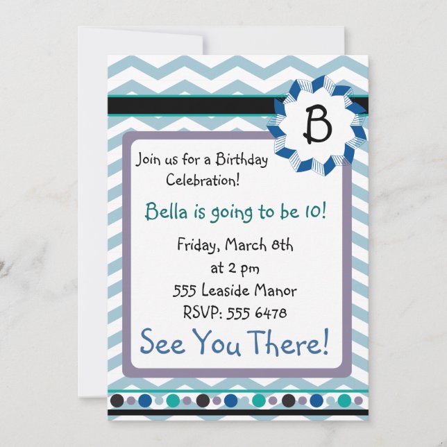 Tarjeta Cheveron Monograma con azul, verde azulado (Anverso)