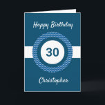 Tarjeta Chevron Blue 30th Birthday Card<br><div class="desc">Una tarjeta de cumpleaños 30 azul personalizada,  que puedes personalizar fácilmente con la edad que necesitas junto con su nombre en la parte delantera de la tarjeta. Puede personalizar fácilmente el mensaje de la tarjeta interior si lo desea. Esta tarjeta personalizada de 30 años le haría un gran placer.</div>