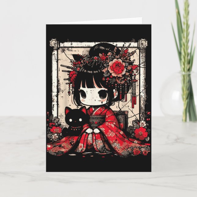 Tarjeta Chibi Kimono Girl Black Cat Flowers Japanese Art W (Anverso)