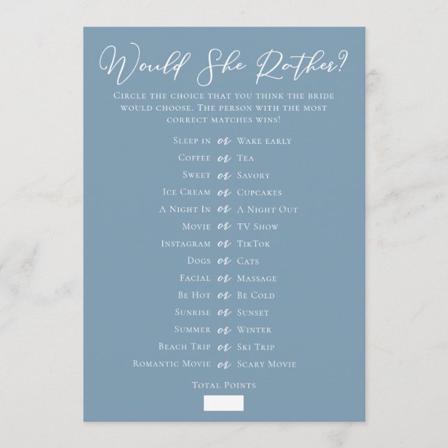 Tarjeta Chic Blue Downloadable Bridal Shower Guess Game (Anverso)