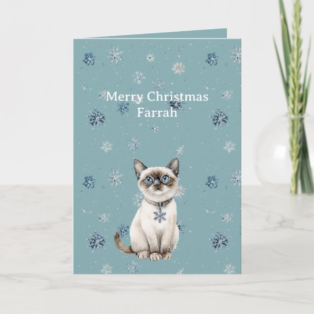Tarjeta Chic Blue Snowflakes White Kitten (Anverso)