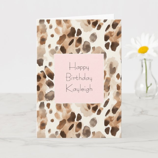 Tarjeta Chic Cream Brown Leopard Animal Pink Birthday (Planta pequeña)
