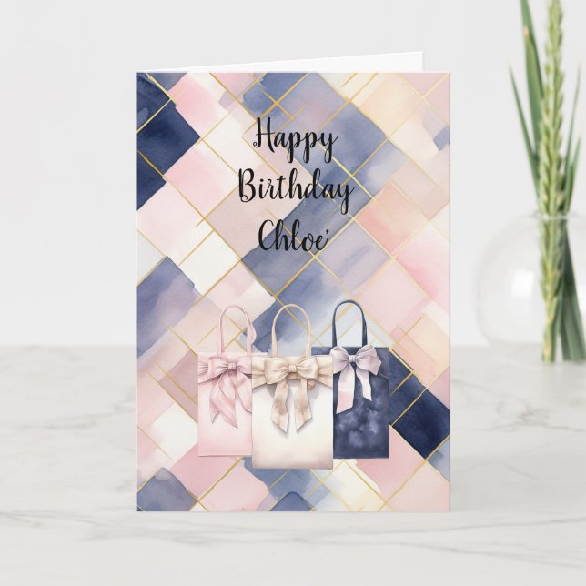Tarjeta Chic French Pink Blue Gift Bags Bow Birthday (Anverso)