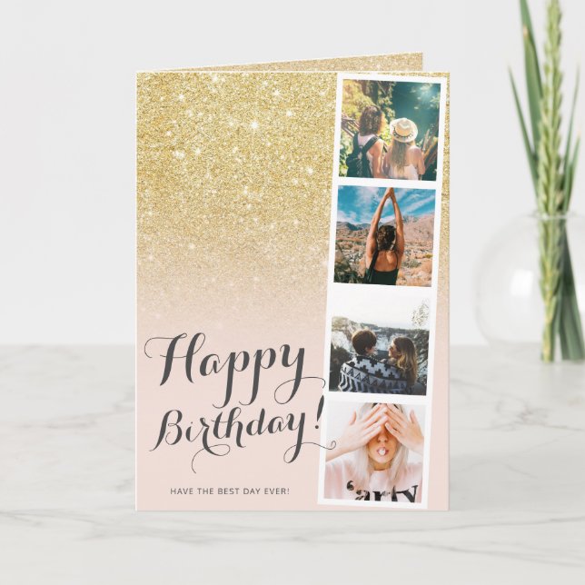 Tarjeta Chic girly gold glitter ombre photo booth birthday (Anverso)