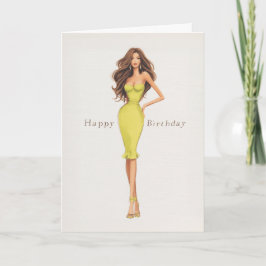 Tarjeta Chic Glam Brunette Woman in Yellow Dress Birthday