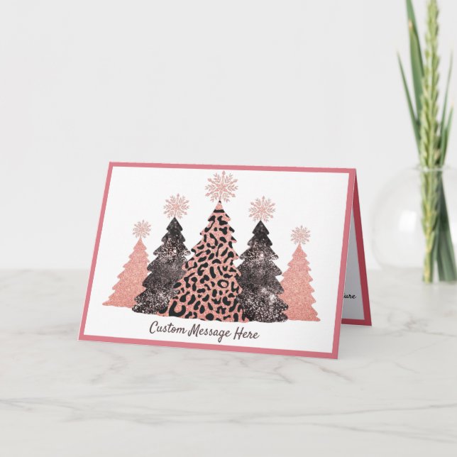Tarjeta Chic Glitter Christmas Trees Pink Leopard Gray (Anverso)