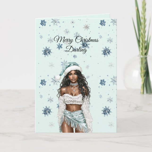 Tarjeta Chic Mint Blue Snowflakes Black Hair Female (Anverso)