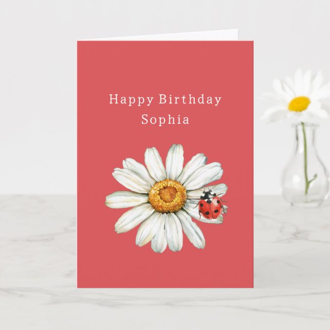 Tarjeta Chic Red White Daisy Flower Ladybug Birthday (Planta pequeña)