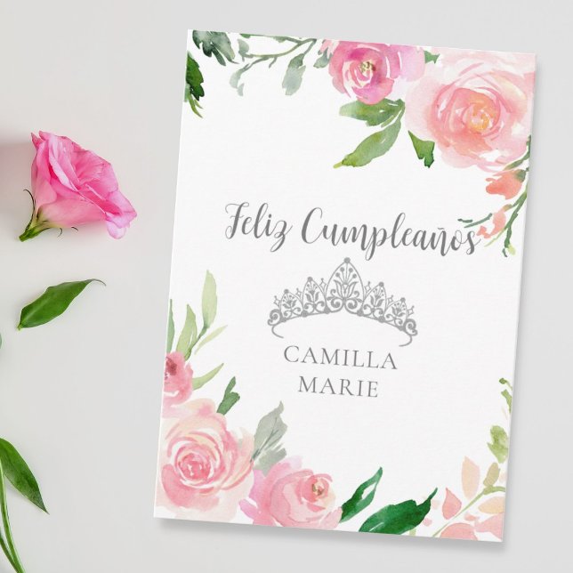 Tarjeta Chic Rosa Floral Tiara Feliz Cumpleaños (Subido por el creador)