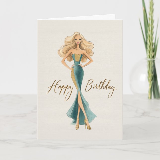Tarjeta Chic Teal Gold Elegant Fashionista Birthday (Anverso)